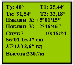 �������: ��: 40° �1: 35,44°

��: 31,54° �2: 32,18°

������ �: +5°01'15"

������ Y: - 2°16'46"

����:7 10:18:24

56°01'15,4" ��

37°13'12,6" ��

������:230,7�


