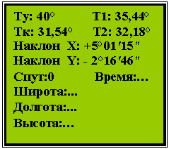 �������: ��: 40° �1: 35,44°

��: 31,54° �2: 32,18°

������ �: +5°01'15"

������ Y: - 2°16'46"

����:0 �����:�

������:...

�������:...

������:�

