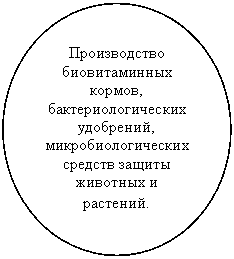 Овал: Производство биовитаминных кормов, бактериологических удобрений, микробиологических средств защиты животных и растений.