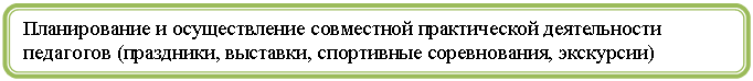 Скругленный прямоугольник: Планирование и осуществление совместной практической деятельности педагогов (праздники, выставки, спортивные соревнования, экскурсии)