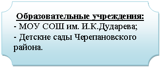 Табличка: Образовательные учреждения:
- МОУ СОШ им. И.К.Дударева;
- Детские сады Черепановского района.
