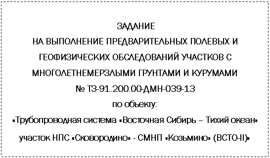 Подпись: ЗАДАНИЕ
НА ВЫПОЛНЕНИЕ ПРЕДВАРИТЕЛЬНЫХ ПОЛЕВЫХ И ГЕОФИЗИЧЕСКИХ ОБСЛЕДОВАНИЙ УЧАСТКОВ С МНОГОЛЕТНЕМЕРЗЛЫМИ ГРУНТАМИ И КУРУМАМИ
№ ТЗ-91.200.00-ДМН-039-13
по объекту:
«Трубопроводная система «Восточная Сибирь – Тихий океан» участок НПС «Сковородино» - СМНП «Козьмино» (ВСТО-II)»
