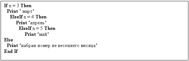 Подпись: If n = 3 Then
Print " март"
ElseIf n = 4 Then
Print "апрель"
ElseIf n = 5 Then
Print "май"
Else
Print "набран номер не весеннего месяца"
End If