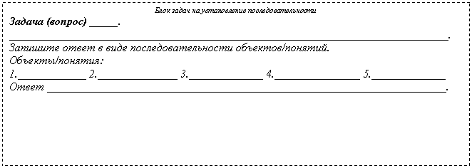 Подпись: Блок задач на установление последовательности
Задача (вопрос) _____.
_____________________________________________________________________________.
Запишите ответ в виде последовательности объектов/понятий.
Объекты/понятия:
1.____________ 2.______________ 3._____________ 4._______________ 5._____________
Ответ ______________________________________________________________________.