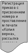 Блок-схема: документ: Регистрация приказа с присвоением номера и про-ставлением печати «Ко-пия верна», рассылка со-гласно списку