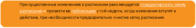 Скругленный прямоугольник: При существенных изменениях в расписании рекомендуется отредактировать схему расписания и провести ее публикацию с той недели, когда изменения вступят в действие, при необходимости предварительно очистив сетку расписания.