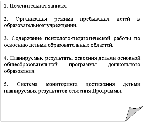 Загнутый угол: 1. Пояснительная записка
2. Организация режима пребывания детей в образовательном учреждении.
3. Содержание психолого-педагогической работы по освоению детьми образовательных областей.
4. Планируемые результаты освоения детьми основной общеобразовательной программы дошкольного образования.
5. Система мониторинга достижения детьми планируемых результатов освоения Программы.