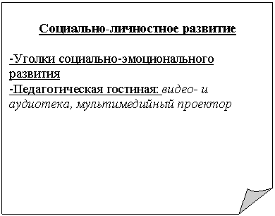 Загнутый угол: Социально-личностное развитие
-Уголки социально-эмоционального развития
-Педагогическая гостиная: видео- и аудиотека, мультимедийный проектор