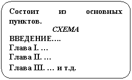 Блок-схема: альтернативный процесс: Состоит из основных пунктов.
СХЕМА
ВВЕДЕНИЕ….
Глава I. …
Глава II. …
Глава III. … и т.д.