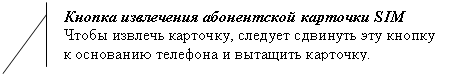 Выноска 2 (с границей): Кнопка извлечения абонентской карточки SIM
Чтобы извлечь карточку, следует сдвинуть эту кнопку к основанию телефона и вытащить карточку.