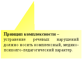 Прямоугольная выноска: Принцип комплексности –
устранение речевых нарушений должно носить комплексный, медико-психолго-педагогический характер.