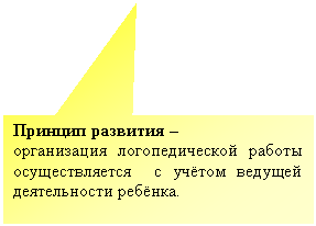 Прямоугольная выноска: Принцип развития –
организация логопедической работы осуществляется с учётом ведущей деятельности ребёнка.