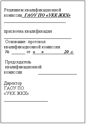 Подпись: Решением квалификационной комиссии_ГАОУ ПО «УКК ЖКХ»
______________________
присвоена квалификация
______________________________
Основание: протокол квалификационной комиссии
№ ______ от «___»________ 20 г.
Председатель
квалификационной
комиссии ___________________
Директор
ГАОУ ПО
«УКК ЖКХ» __________________