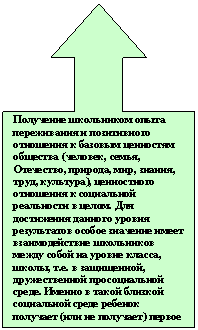 Выноска со стрелкой вверх: Получение школьником опыта переживания и позитивного отношения к базовым ценностям общества (человек, семья, Отечество, природа, мир, знания, труд, культура), ценностного отношения к социальной реальности в целом. Для достижения данного уровня результатов особое значение имеет взаимодействие школьников между собой на уровне класса, школы, т.е. в защищенной, дружественной просоциальной среде. Именно в такой близкой социальной среде ребенок получает (или не получает) первое практическое подтверждение приобретенных социальных знаний, начинает их ценить (или отвергает).