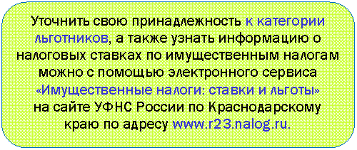 Скругленный прямоугольник: Уточнить свою принадлежность к категории льготников, а также узнать информацию о налоговых ставках по имущественным налогам можно с помощью электронного сервиса
«Имущественные налоги: ставки и льготы»
на сайте УФНС России по Краснодарскому краю по адресу *****.