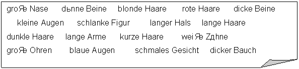 �������� ����: große Nase dünne Beine blonde Haare rote Haare dicke Beine

 kleine Augen schlanke Figur langer Hals lange Haare 

dunkle Haare lange Arme kurze Haare weiße Zähne

große Ohren blaue Augen schmales Gesicht dicker Bauch

