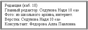 Подпись: Редакция (каб. 18)
Главный редактор: Седунова Надя 10 «а»
Фото: из школьного архива, интернет. Верстка: Седунова Надя 10 «а»
Консультант: