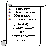 Вертикальный свиток: Разместить
Опубликовать
Изготовить
Распространить рекламу
в виде, полно цветной, двухсторонней визитки.