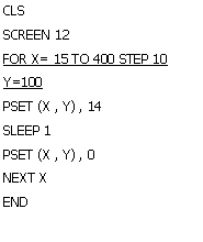Подпись: CLS
SCREEN 12
FOR X= 15 TO 400 STEP 10
Y=100
PSET (X , Y) , 14
SLEEP 1
PSET (X , Y) , 0
NEXT X
END