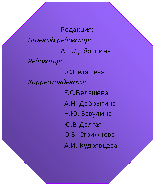 Восьмиугольник: Редакция:
Главный редактор:
А.Н.Добрыгина
Редактор:
Е.С.Белашева
Корреспонденты:
Е.С.Белашева
А.Н. Добрыгина
Н.Ю. Вавулина
Ю.В.Долгая
О.В. Стрижнева
А.И. Кудрявцева
