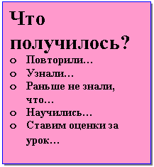 Подпись: Что получилось?
o Повторили…
o Узнали…
o Раньше не знали, что…
o Научились…
o Ставим оценки за урок…
