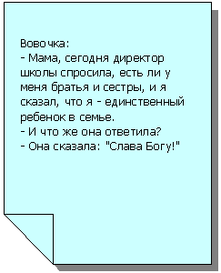 Зарезервировано: Вовочка:
- Мама, сегодня директор школы спросила, есть ли у меня братья и сестры, и я
сказал, что я - единственный ребенок в семье.
- И что же она ответила?
- Она сказала: "Слава Богу!"