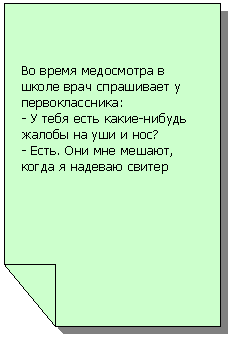 Зарезервировано:
Во время медосмотра в школе врач спрашивает у первоклассника:
- У тебя есть какие-нибудь жалобы на уши и нос?
- Есть. Они мне мешают, когда я надеваю свитер
В