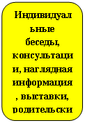 Скругленный прямоугольник: Индивидуальные беседы, консультации, наглядная информация, выставки, родительские собрания