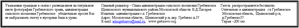 Подпись: Уважаемые граждане в связи с размещением на титульном Главный редактор – Глава администрации сельского поселения Гребневское Газета распространяется бесплатно.
листе фотографии Гребневского храма, администрация Щелковского муниципального района Московской области В.Д.Писарев Отпечатано в администрации сп Гребневское
сельского поселения Гребневское убедительно просит Вас Издатель: администрация с.п. Гребневское Московская область, Щелковский р-н,
не выбрасывать газету в мусорные баки и урны. Адрес: Московская область, Щелковский р-н, дер. Гребнево д.37 д.Гребнеево37
E-mail: admgrebnevo@*****, www.grebnevo-org. Тираж –200 экз.