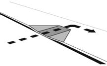 A sidewalk with a curb ramp is shown in perspective. There is a dashed, arrowed line indicating where the accessible route crosses the curb at the curb ramp.