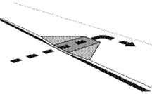 A sidewalk with a curb ramp is shown in perspective. There is a dashed, arrowed line indicating where the accessible route crosses the curb at the curb ramp.