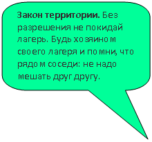 Скругленная прямоугольная выноска: Закон территории. Без разрешения не покидай лагерь. Будь хозяином своего лагеря и помни, что рядом соседи: не надо мешать друг другу.