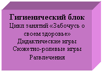 Подпись: Гигиенический блок
Цикл занятий «Забочусь о своем здоровье»
Дидактические игры
Сюжетно-ролевые игры
Развлечения