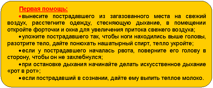 Блок-схема: альтернативный процесс: Первая помощь:
• вынесите пострадавшего из загазованного места на свежий воздух, расстегните одежду, стесняющую дыхание, в помещении откройте форточки и окна для увеличения притока свежего воздуха;
• уложите пострадавшего так, чтобы ноги находились выше головы, разотрите тело, дайте понюхать нашатырный спирт, тепло укройте;
• если у пострадавшего началась рвота, поверните его голову в сторону, чтобы он не захлебнулся;
• при остановке дыхания начинайте делать искусственное дыхание «рот в рот»;
• если пострадавший в сознании, дайте ему выпить теплое молоко.