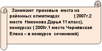 Горизонтальный свиток: Занимают призовые места на районных олимпиадах ( 2007г.2 место Никонова Дарья 11 класс), конкурсах ( 2008г.1 место Чернявская Елена – в конкурсе сочинений)