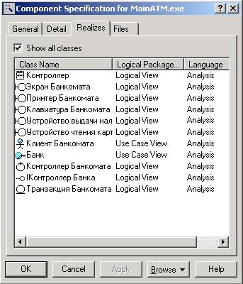 Диалоговое окно спецификации свойств компонента MainATM.exe, открытое на вкладке Realizes (Реализует)