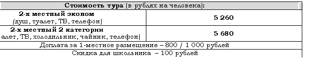 Подпись: Стоимость тура (в рублях на человека):
2-х местный эконом
(душ, туалет, ТВ, телефон)
5 260
2-х местный 2 категории
(душ, туалет, ТВ, холодильник, чайник, телефон)
5 680
Доплата за 1-местное размещение – 800 / 1 000 рублей
Скидка для школьника – 100 рублей