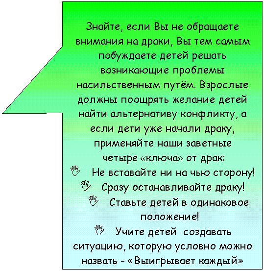 Прямоугольная выноска: Знайте, если Вы не обращаете внимания на драки, Вы тем самым побуждаете детей решать возникающие проблемы насильственным путём. Взрослые должны поощрять желание детей найти альтернативу конфликту, а если дети уже начали драку, применяйте наши заветные
четыре «ключа» от драк:
I Не вставайте ни на чью сторону!
I Сразу останавливайте драку!
I Ставьте детей в одинаковое
положение!
I Учите детей создавать ситуацию, которую условно можно назвать - «Выигрывает каждый»
