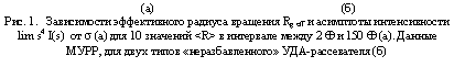 Подпись: (а) (б)
Рис. 1. Зависимости эффективного радиуса вращения Rg eff и асимптоты интенсивности lim s4 I(s) от s (а) для 10 значений <R> в интервале между 2 Å и 150 Å (а). Данные МУРР, для двух типов «неразбавленного» УДА-рассевателя (б)