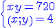 http://www.imathas.com/cgi-bin/mimetex.cgi?\color%7bblue%7d%7B%5Cleft%5Clbrace%5Cbegin%7Barray%7D%7Bcc%7D%7Bx%7D%7By%7D%3D%7B720%7D%5C%5C%7B%5Cleft(%7Bx%7D%3B%7By%7D%5Cright)%7D%3D%7B4%7D%5Cend%7Barray%7D%5Cright.%7D