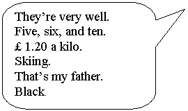 ����������� ������������� �������: They�re very well.

Five, six, and ten.

£ 1.20 a kilo.

Skiing.

That�s my father.

Black.

