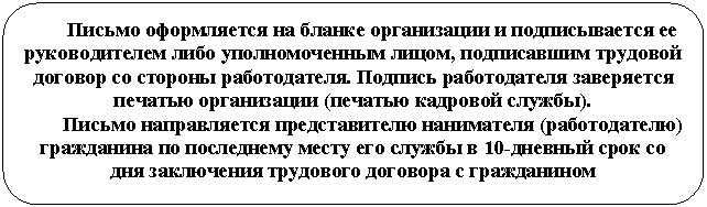 Скругленный прямоугольник: Письмо оформляется на бланке организации и подписывается ее руководителем либо уполномоченным лицом, подписавшим трудовой договор со стороны работодателя. Подпись работодателя заверяется печатью организации (печатью кадровой службы).
Письмо направляется представителю нанимателя (работодателю) гражданина по последнему месту его службы в 10-дневный срок со дня заключения трудового договора с гражданином
