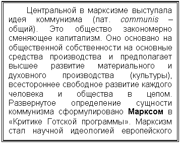 Подпись: Центральной в марксизме выступала идея коммунизма (лат. communis – об-щий). Это общество закономерно сме-няющее капитализм. Оно основано на об-щественной собственности на основные средства производства и предполагает высшее развитие материального и духов-ного производства (культуры), всесторон-нее свободное развитие каждого человека и общества в целом. Развернутое опреде-ление сущности коммунизма сформули-ровано Марксом в «Критике Готской про-граммы». Марксизм стал научной идеоло-гией европейского пролетариата.