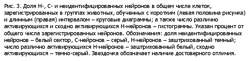 Подпись: Рис. 3. Доля Н , С и неидентифицированных нейронов в общем числе клеток, зарегистрированных в группах животных, обученных с коротким (левая половина рисунка) и длинным (правая) интервалом – круговые диаграммы; а также число различно активирующихся и сходно активирующихся Н нейронов – гистограммы. Указан процент от общего числа зарегистрированных нейронов. Обозначения: доля неидентифицированных нейронов – белый сектор, С нейронов – серый, Н нейронов – заштрихованный темный; число различно активирующихся Н нейронов – заштрихованный белый, сходно активирующихся – темно-серый. Звездочка обозначает наличие достоверного отличия.