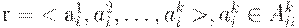 r = < a^{1}_{i}, a^{2}_{i},\dots ,a^{k}_{i} >, a^{k}_{i} \in A^{k}_{ii}