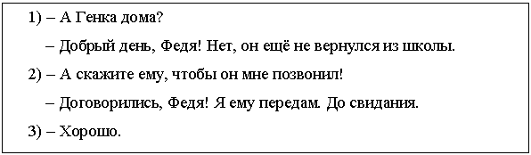 Подпись: 1) – А Генка дома?
– Добрый день, Федя! Нет, он ещё не вернулся из школы.
2) – А скажите ему, чтобы он мне позвонил!
– Договорились, Федя! Я ему передам. До свидания.
3) – Хорошо.