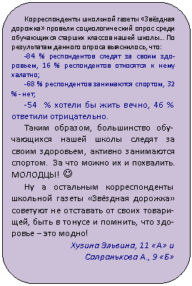 Скругленный прямоугольник: Корреспонденты школьной газеты «Звёздная дорожка» провели социологический опрос среди обучающихся старших классов нашей школы... По результатам данного опроса выяснилось, что:
-84 % респондентов следят за своим здоровьем, 16 % респондентов относятся к нему халатно;
-68 % респондентов занимаются спортом, 32 % - нет;
-54 % хотели бы жить вечно, 46 % ответили отрицательно.
Таким образом, большинство обучающихся нашей школы следят за своим здоровьем, активно занимаются спортом. За что можно их и похвалить. МОЛОДЦЫ! J
Ну а остальным корреспонденты школьной газеты «Звёздная дорожка» советуют не отставать от своих товарищей, быть в тонусе и помнить, что здоровье – это модно!
Хузина Эльвина, 11 «А» и
9 «Б»