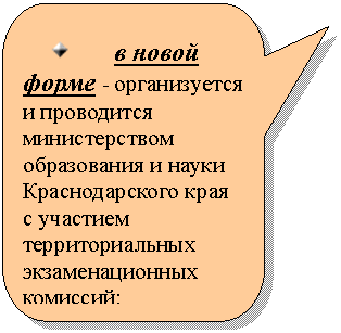 Скругленная прямоугольная выноска: в новой форме - организуется и проводится министерством образования и науки Краснодарского края с участием территориальных экзаменационных комиссий;