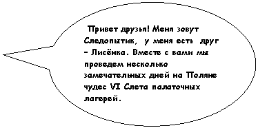 Овальная выноска: Привет друзья! Меня зовут Следопытик, у меня есть друг – Лисёнка. Вместе с вами мы проведем несколько замечательных дней на Поляне чудес VI Слета палаточных лагерей.
