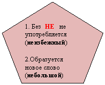 Правильный пятиугольник: 1. Без НЕ не употребляется (неизбежный)
2.Образуется новое слово
(небольшой)